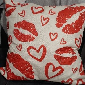 Red and White Accent Pillow with Lip & Heart Design